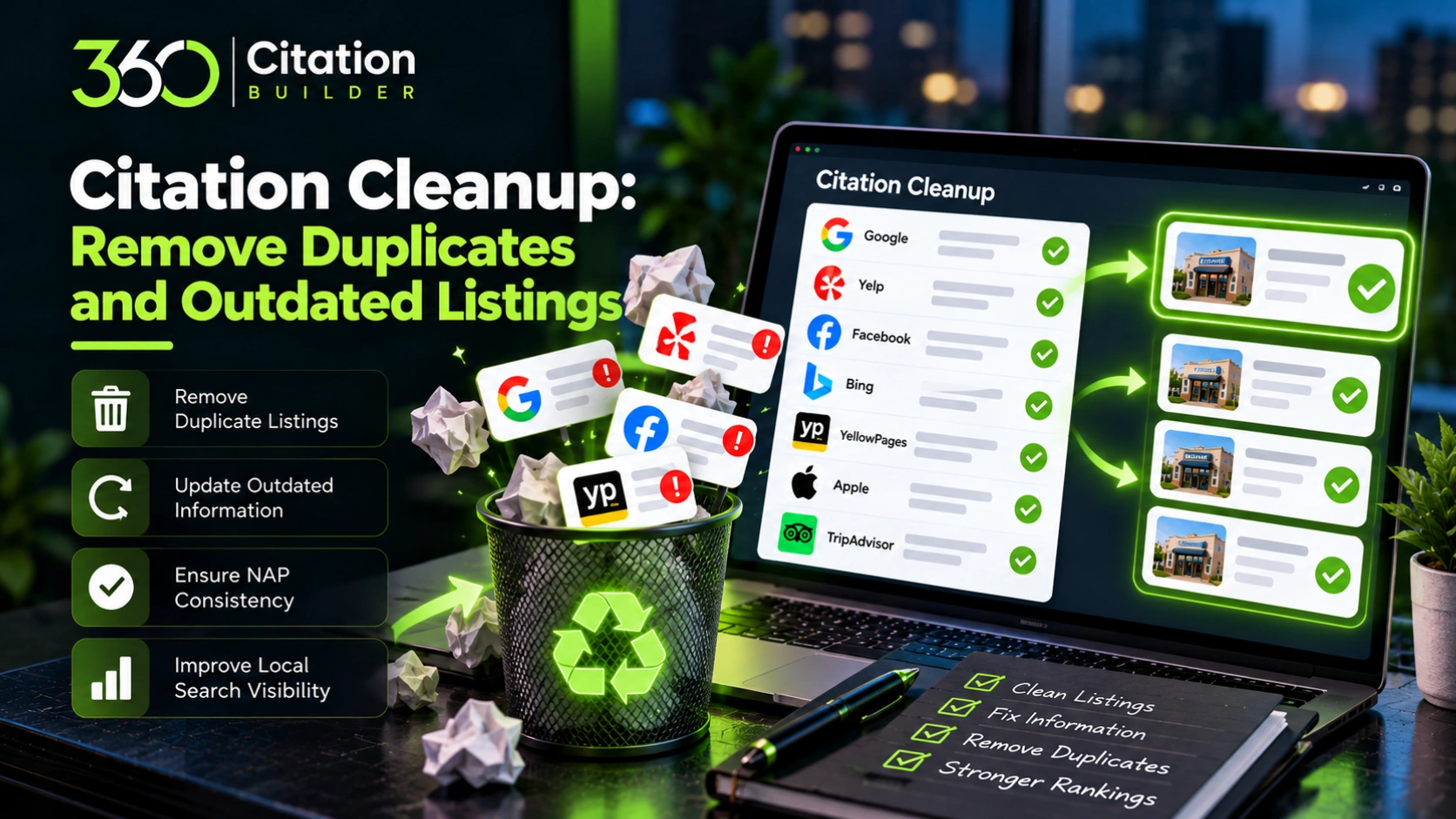 Local Citations: The Complete Guide to Citation Building for Local SEO Citation cleanup process correcting inaccurate business information and removing duplicate listings
