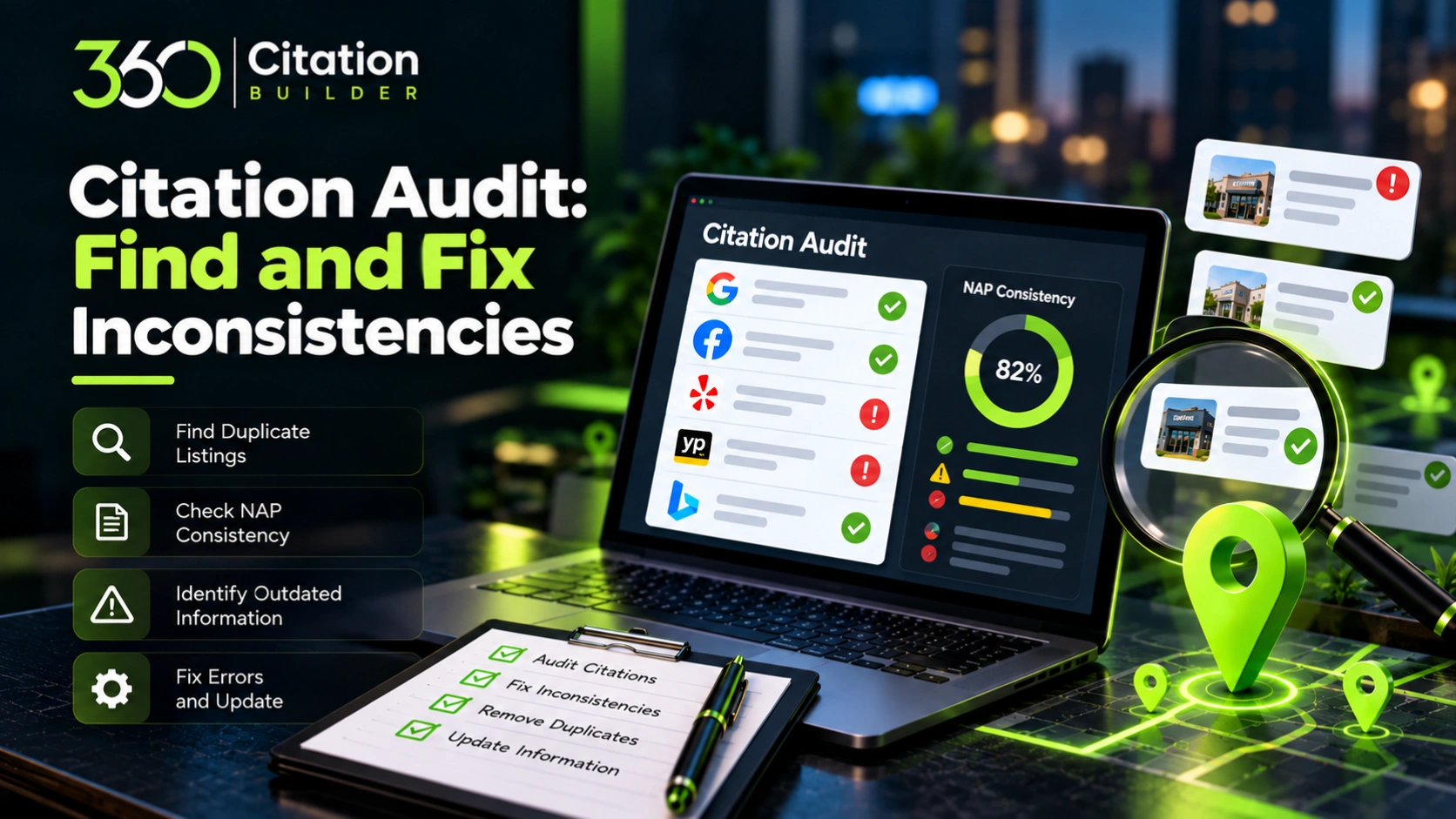 Local Citations: The Complete Guide to Citation Building for Local SEO Citation audit identifying duplicate business listings, outdated contact details and NAP inconsistencies
